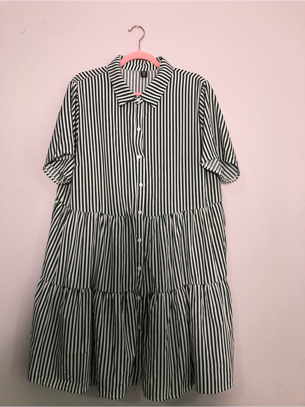 SHEIN Green and White Vertical Stripe Button-Up Dress